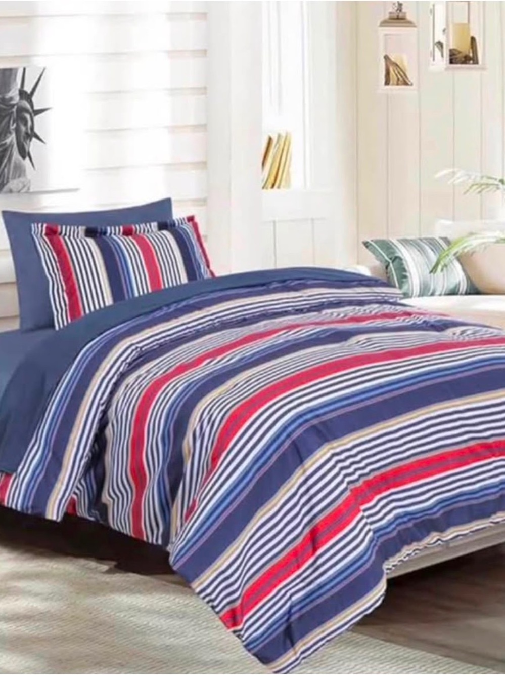 Navy Striped Duvet Cover with Red and White Accents